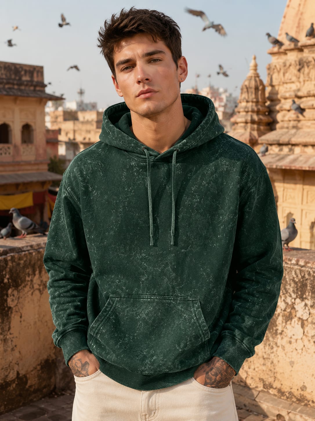 Men's Acid Washed Bottle Green Hoodie