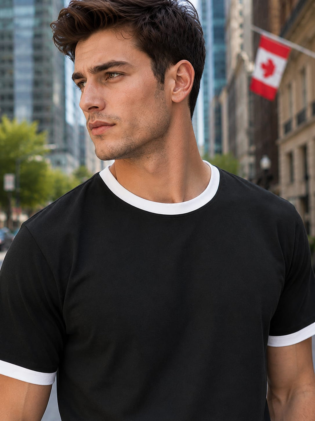 Men's White & Black Ringer T-Shirt.