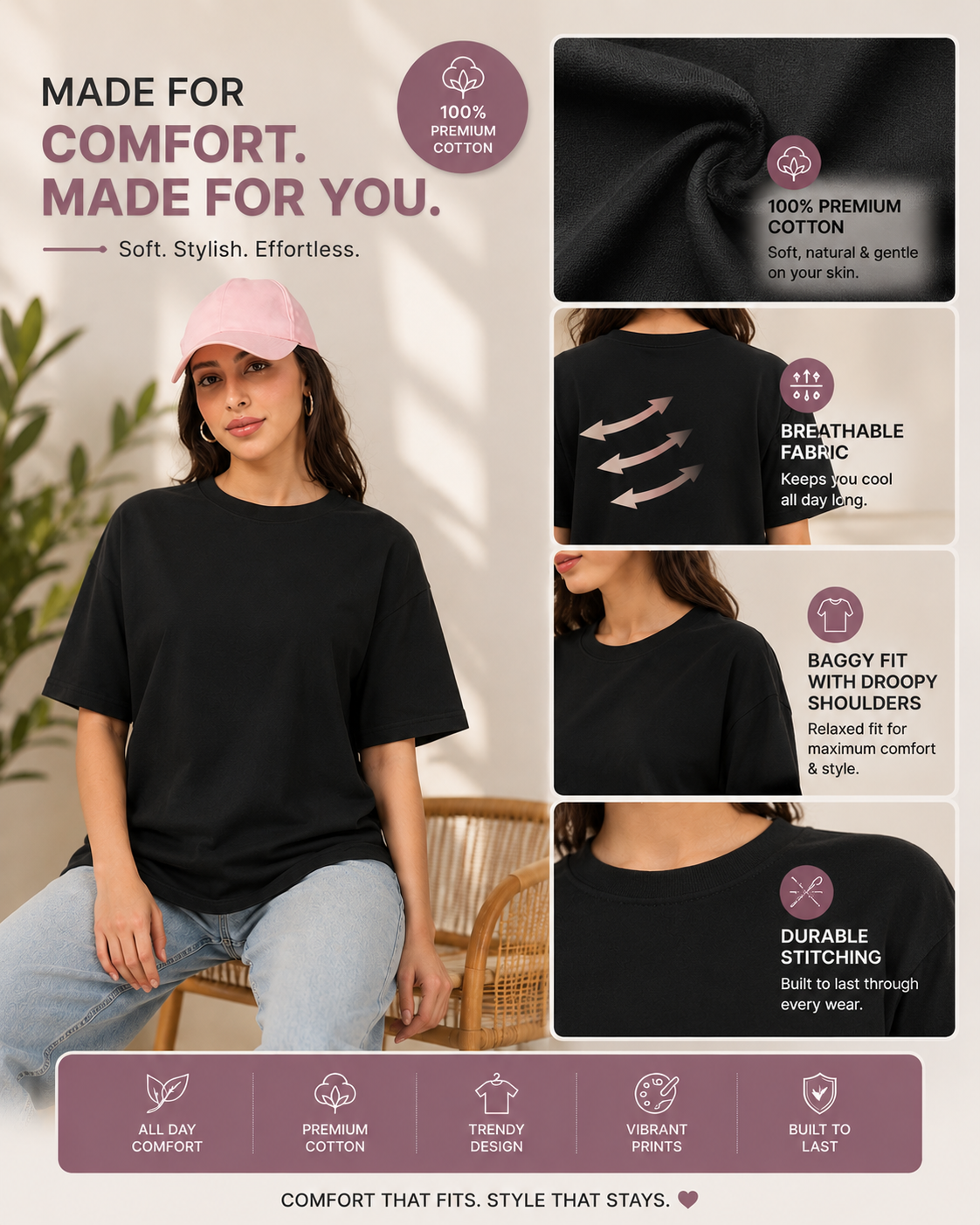 Women's Black Plain Oversized T-Shirt.