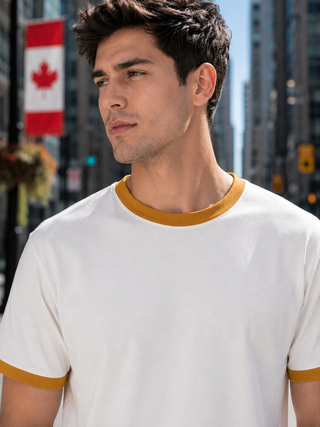 Men's Mustard Yellow & Off-White Ringer T-Shirt.