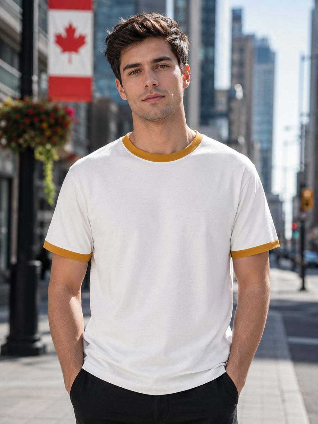 Men's Mustard Yellow & Off-White Ringer T-Shirt.