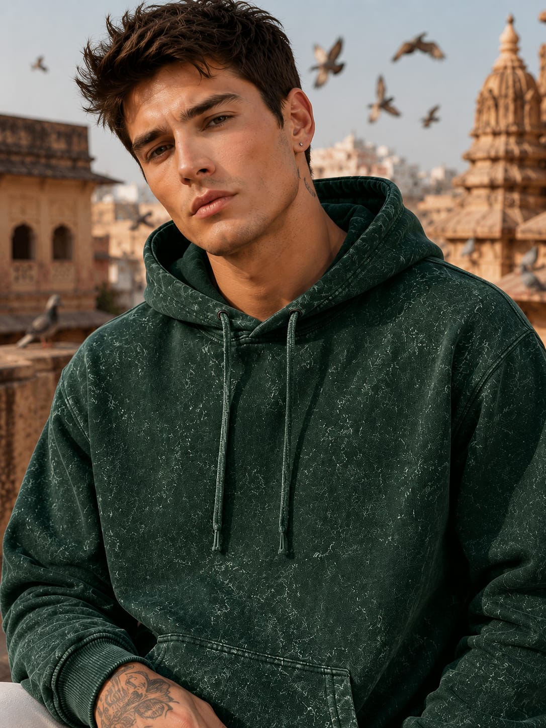 Men's Acid Washed Bottle Green Hoodie