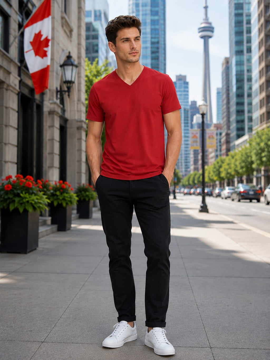 Men's Premium Red V-Neck T-Shirt.