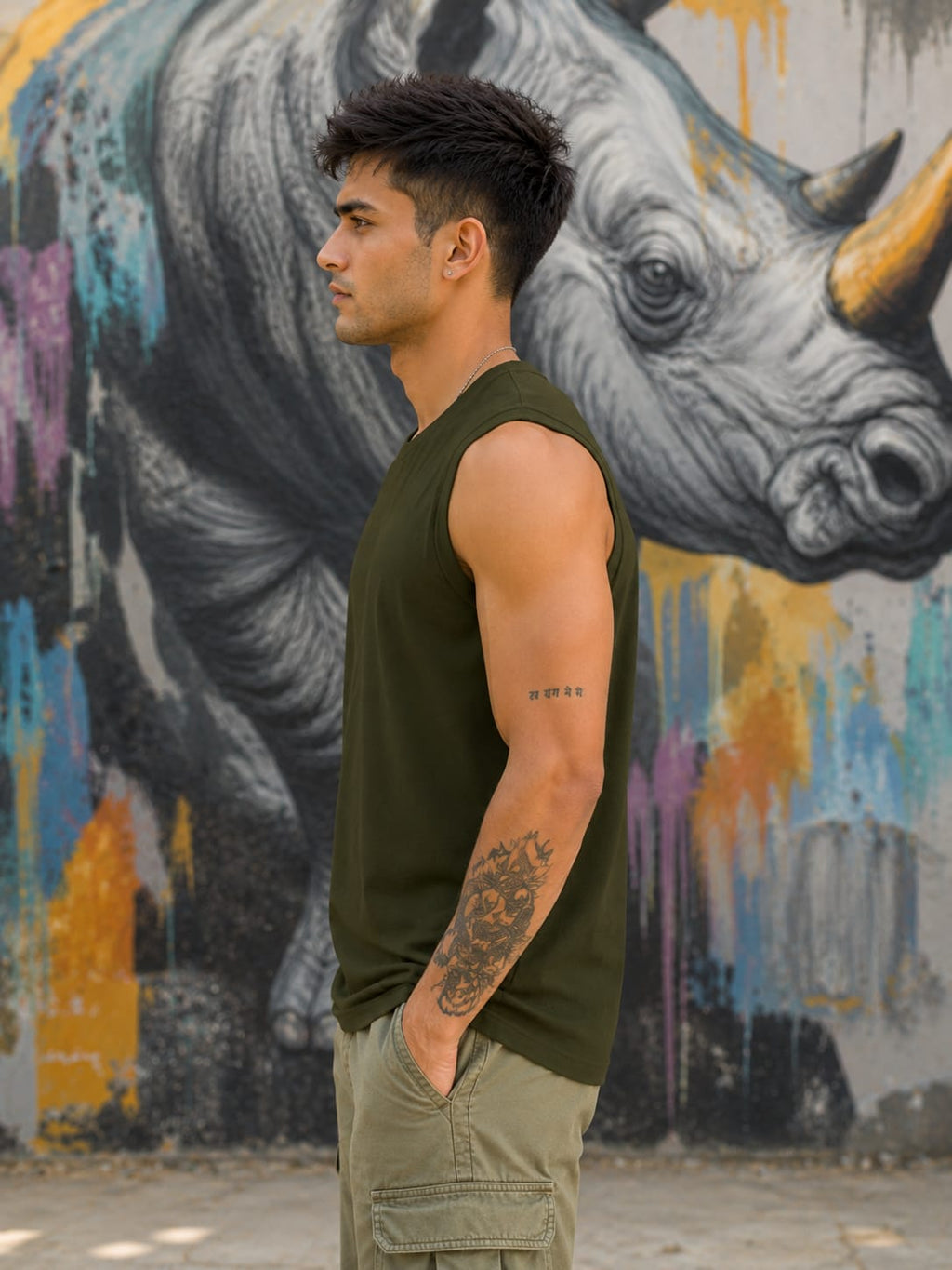 Men's Premium Olive Green Sleeveless T-Shirt