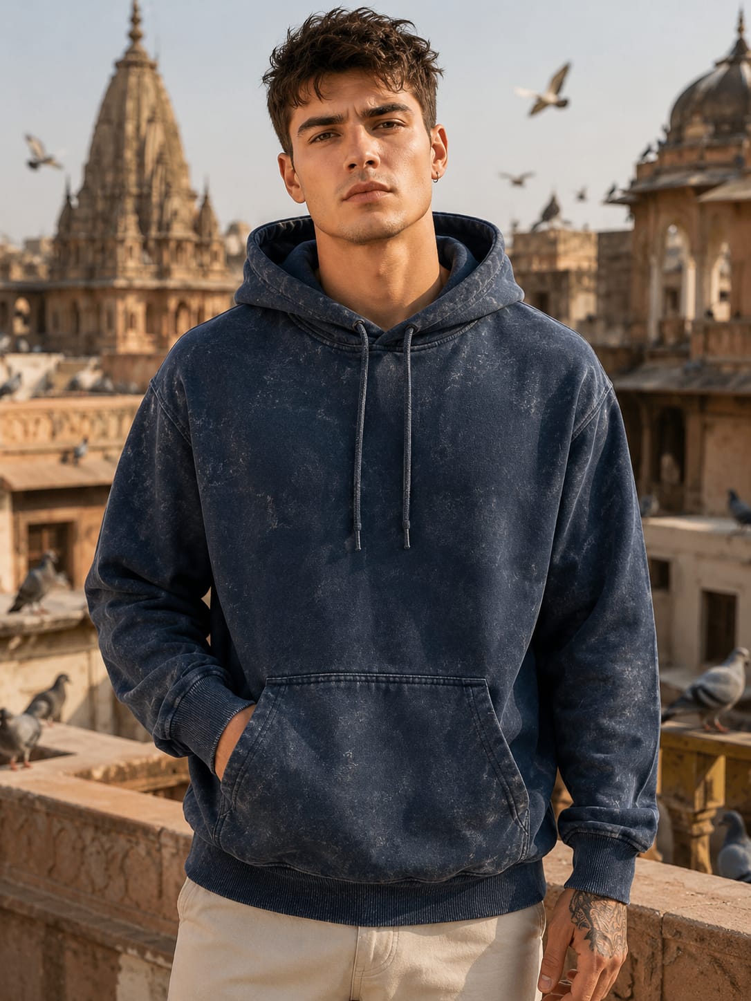 Men's Acid Washed Navy Blue Hoodie