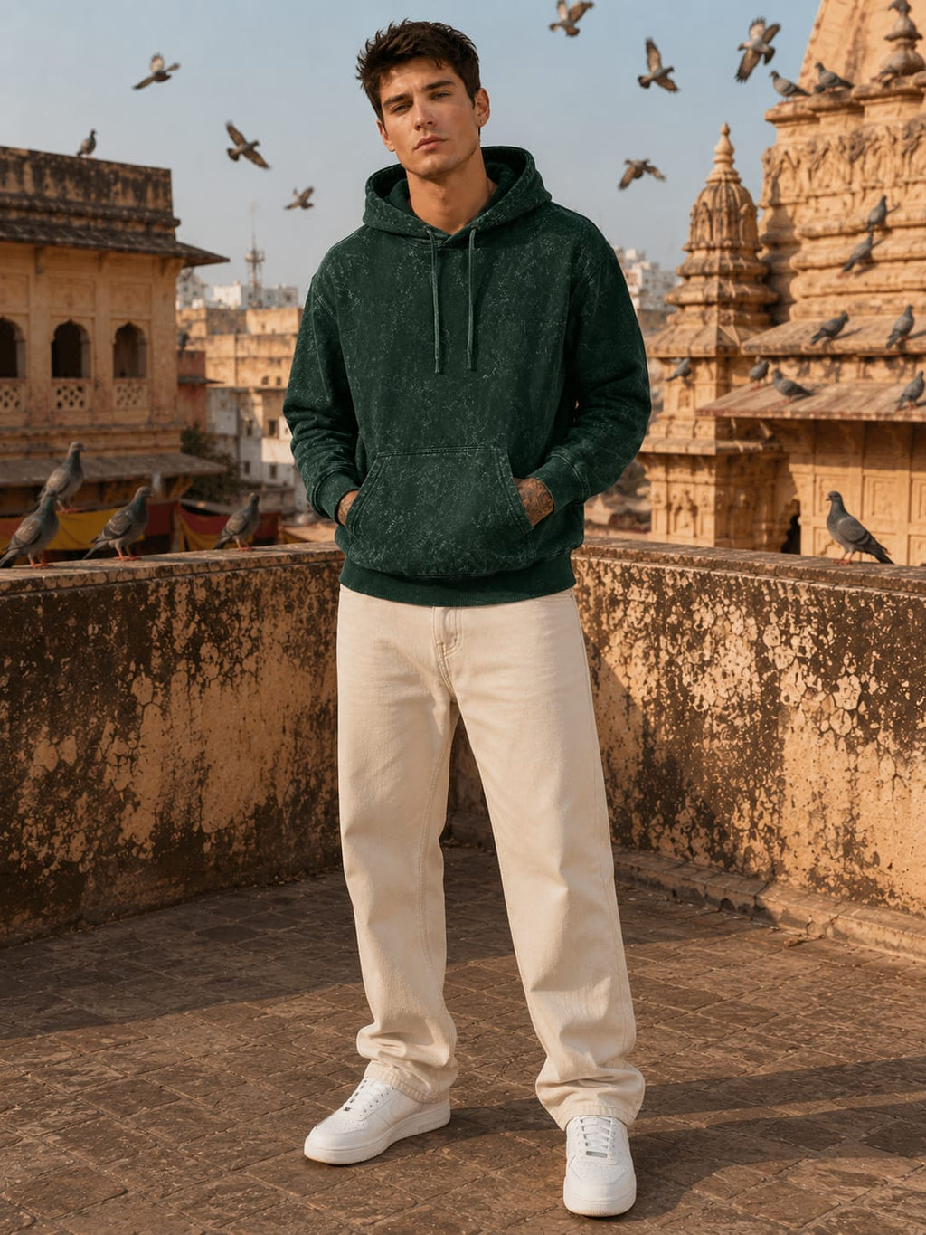 Men's Acid Washed Bottle Green Hoodie