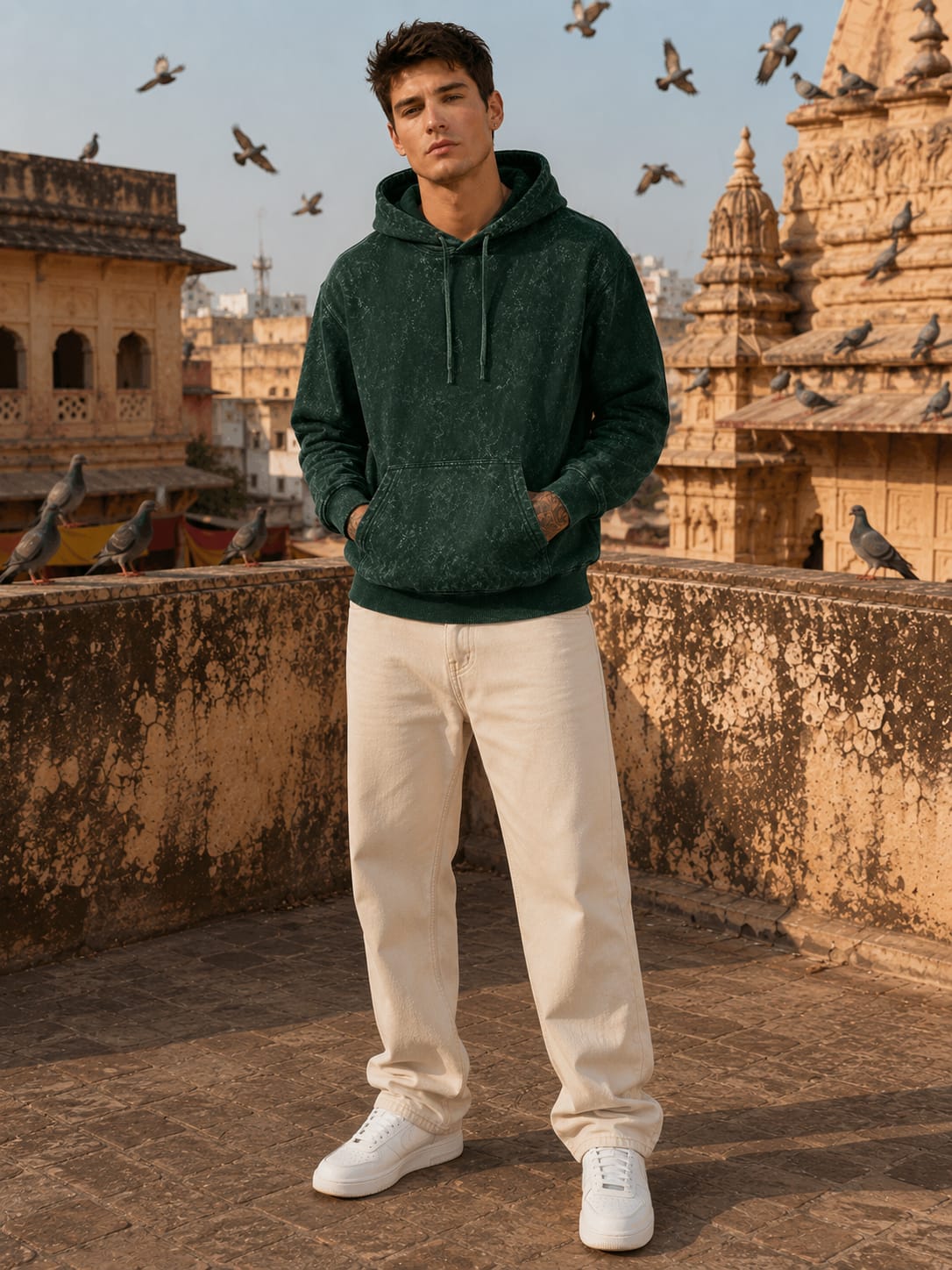 Men's Acid Washed Bottle Green Hoodie