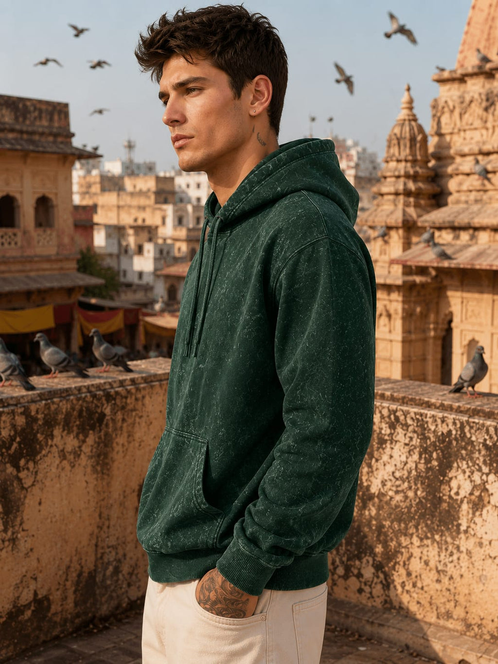 Men's Acid Washed Bottle Green Hoodie