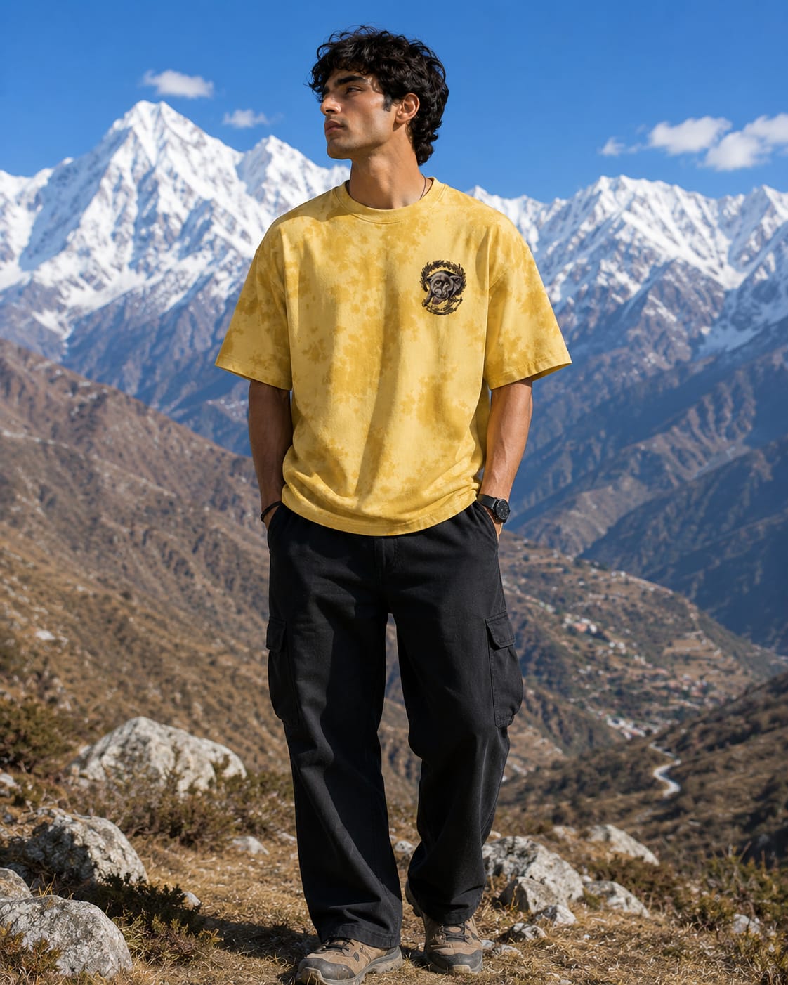 Men's Yellow Minimalist Printed Oversized T-Shirt