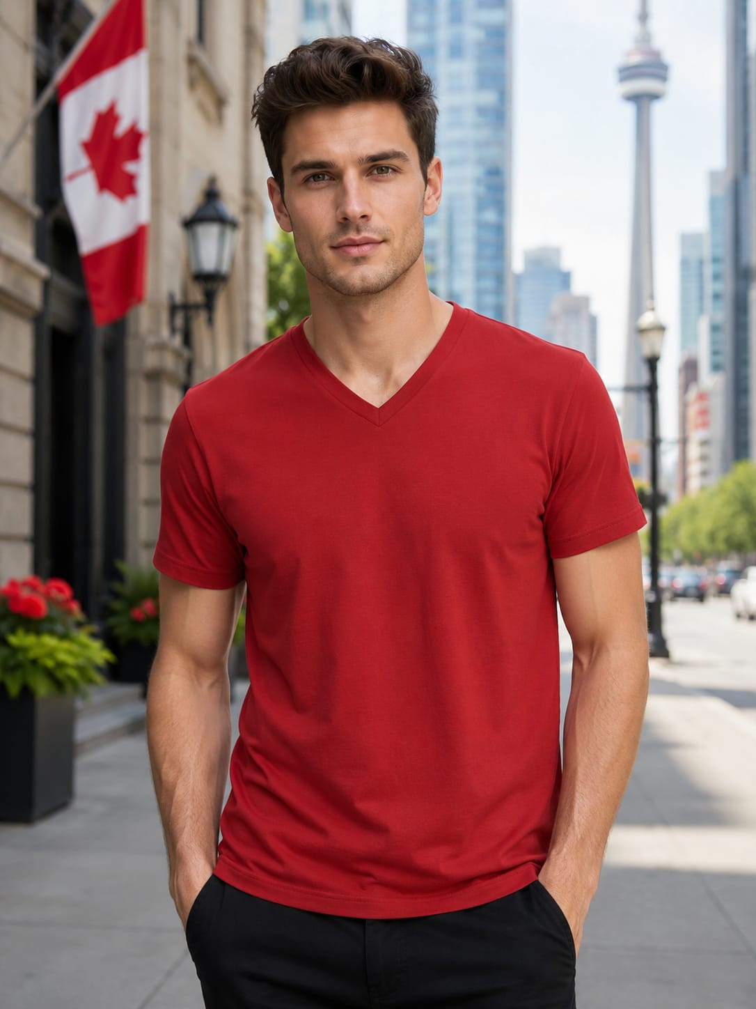 Men's Premium Red V-Neck T-Shirt.