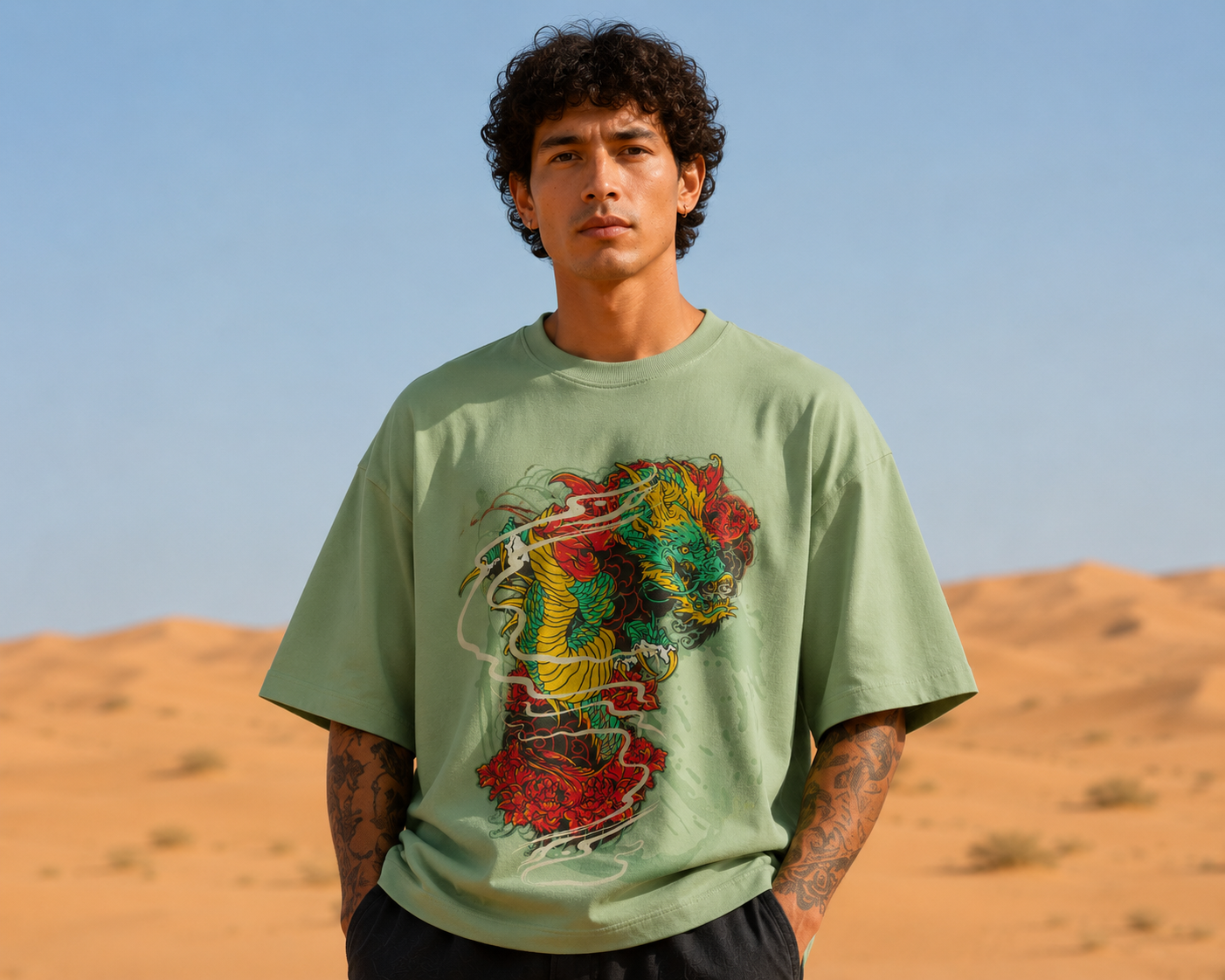 Men's Dragon Jade Printed Graphic Oversized T-shirt