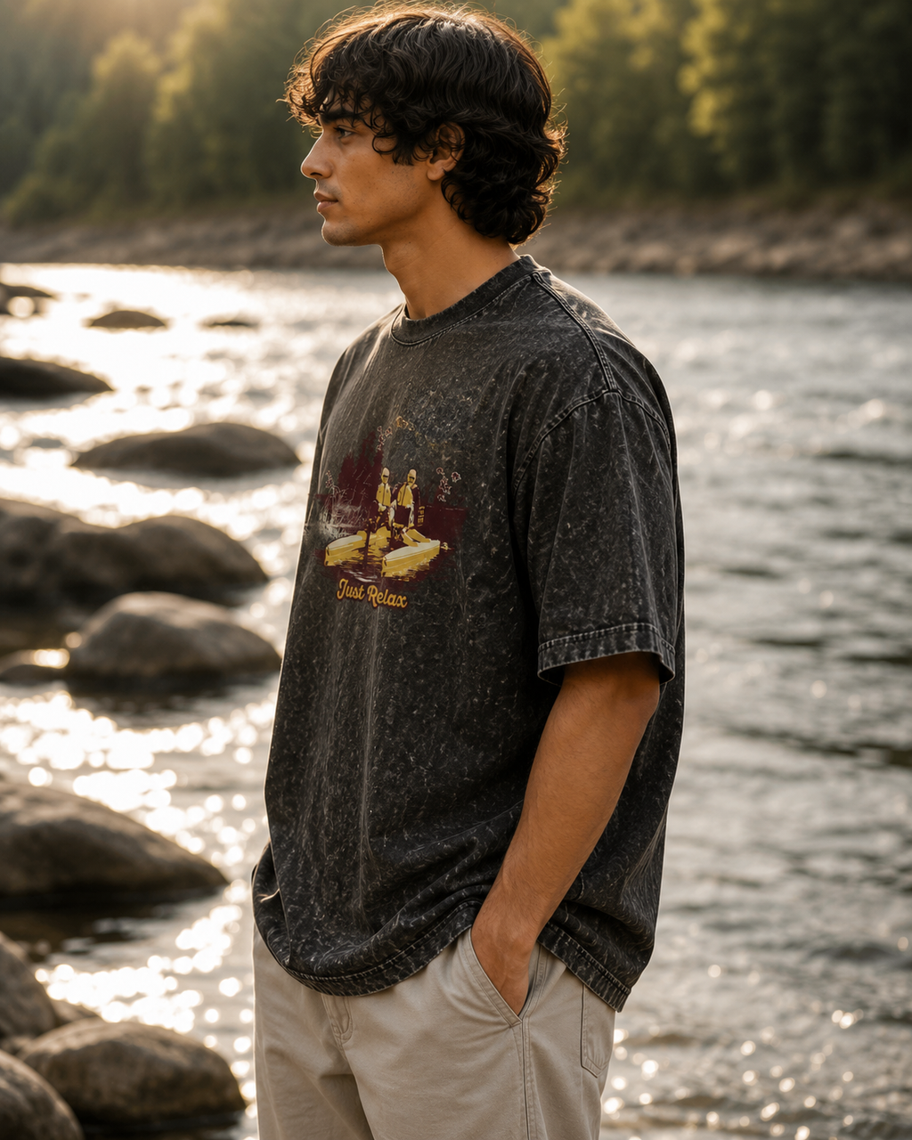 Men's Olive Green Acid Wash Oversized T-shirt.