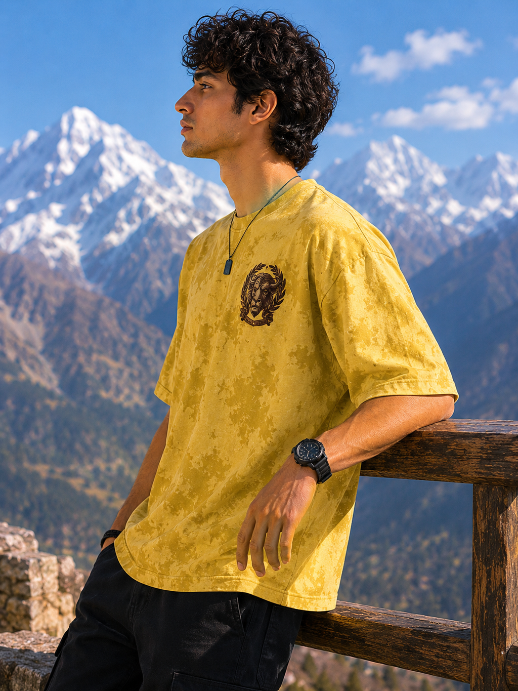 Men's Yellow Minimalist Printed Oversized T-Shirt