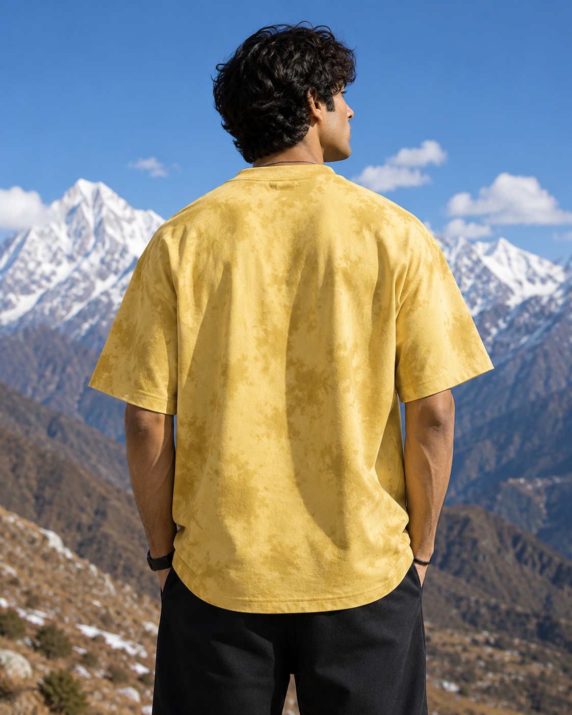 Men's Yellow Minimalist Printed Oversized T-Shirt