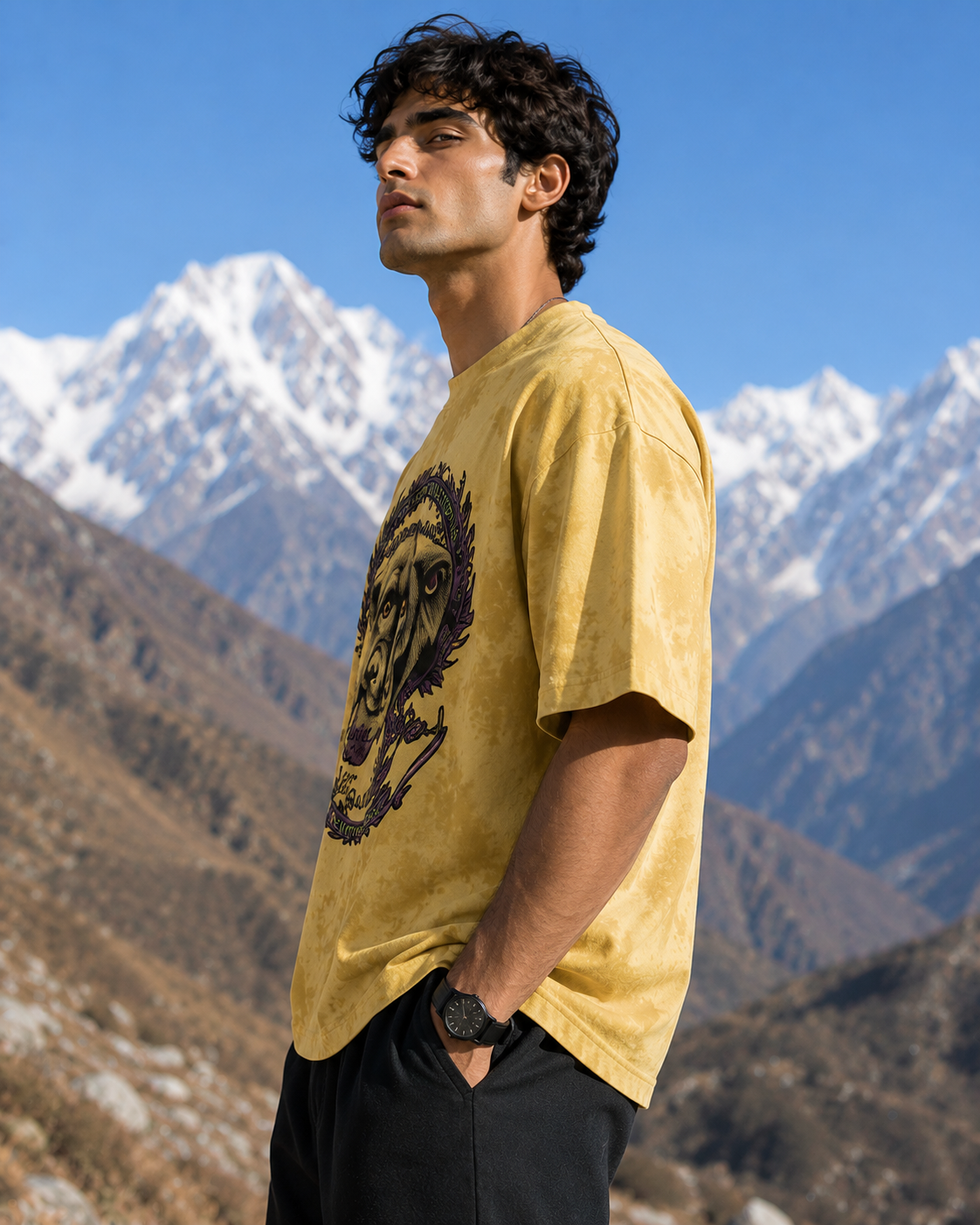 Men's Yellow Minimalist Printed Oversized T-Shirt