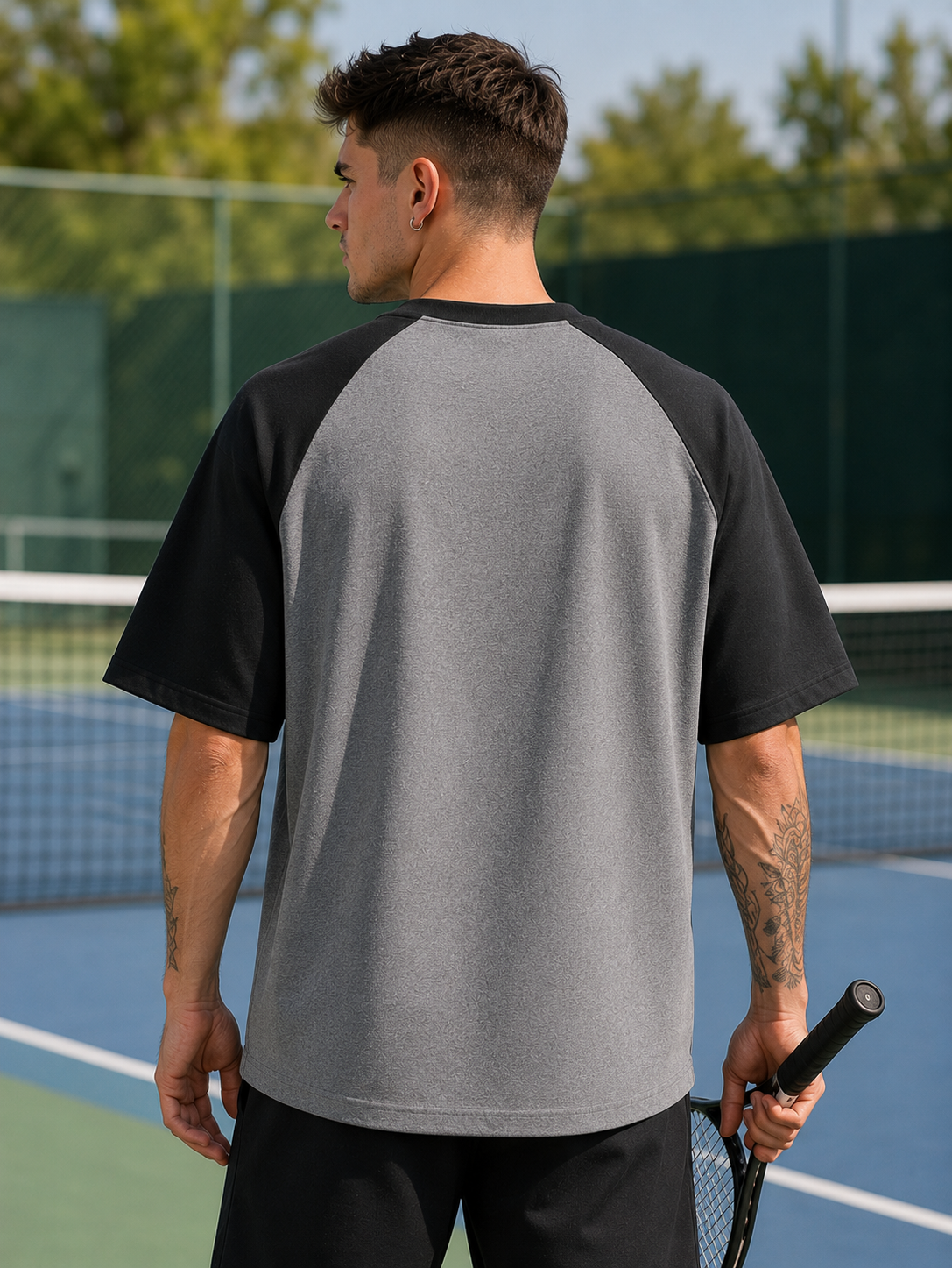 Men's Black Charcoal Melange Raglan Oversized T-shirt