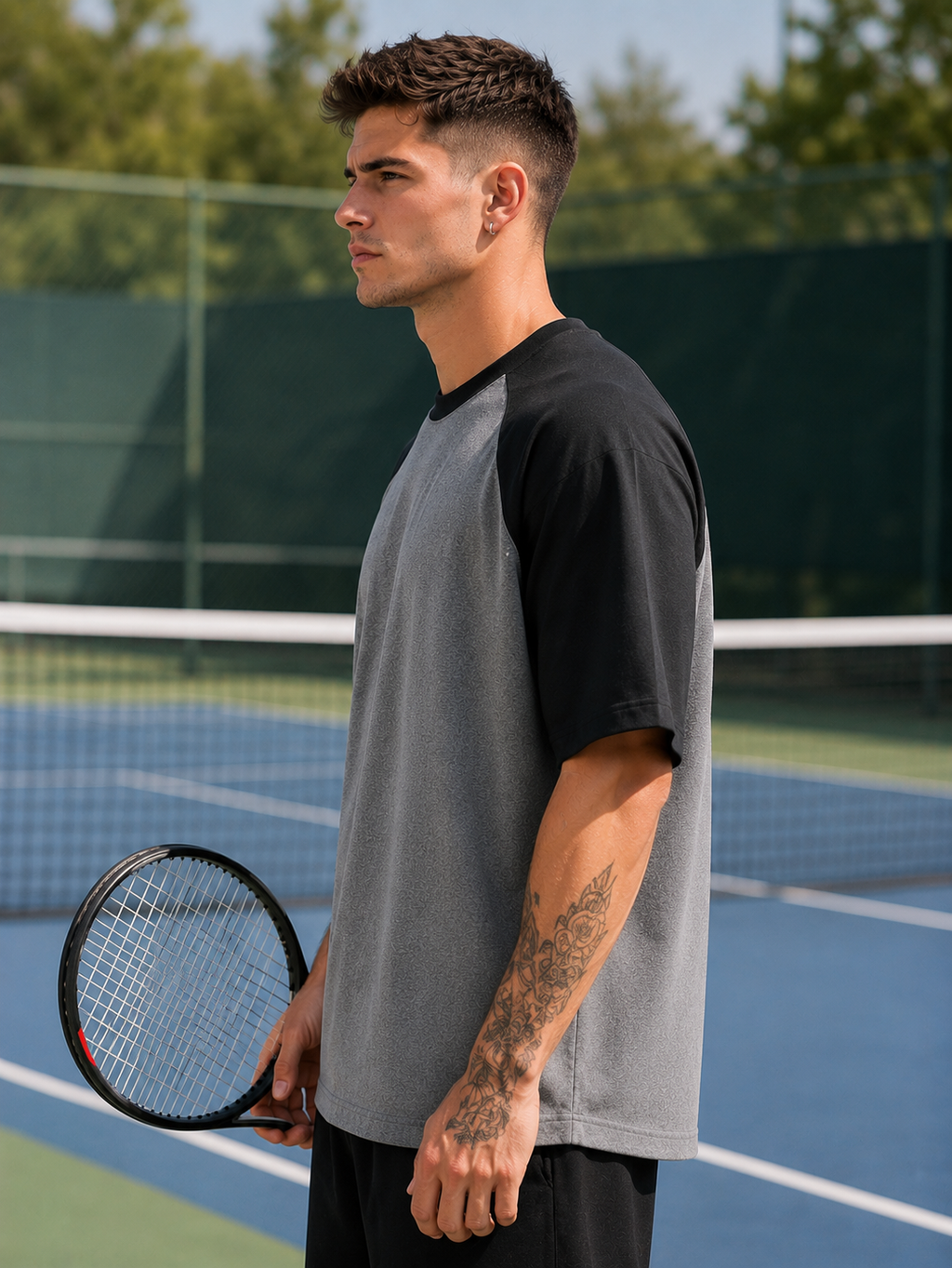 Men's Black Charcoal Melange Raglan Oversized T-shirt