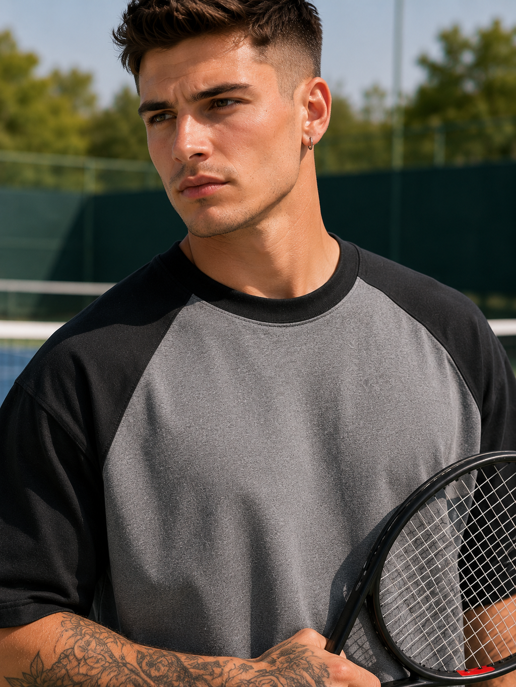 Men's Black Charcoal Melange Raglan Oversized T-shirt
