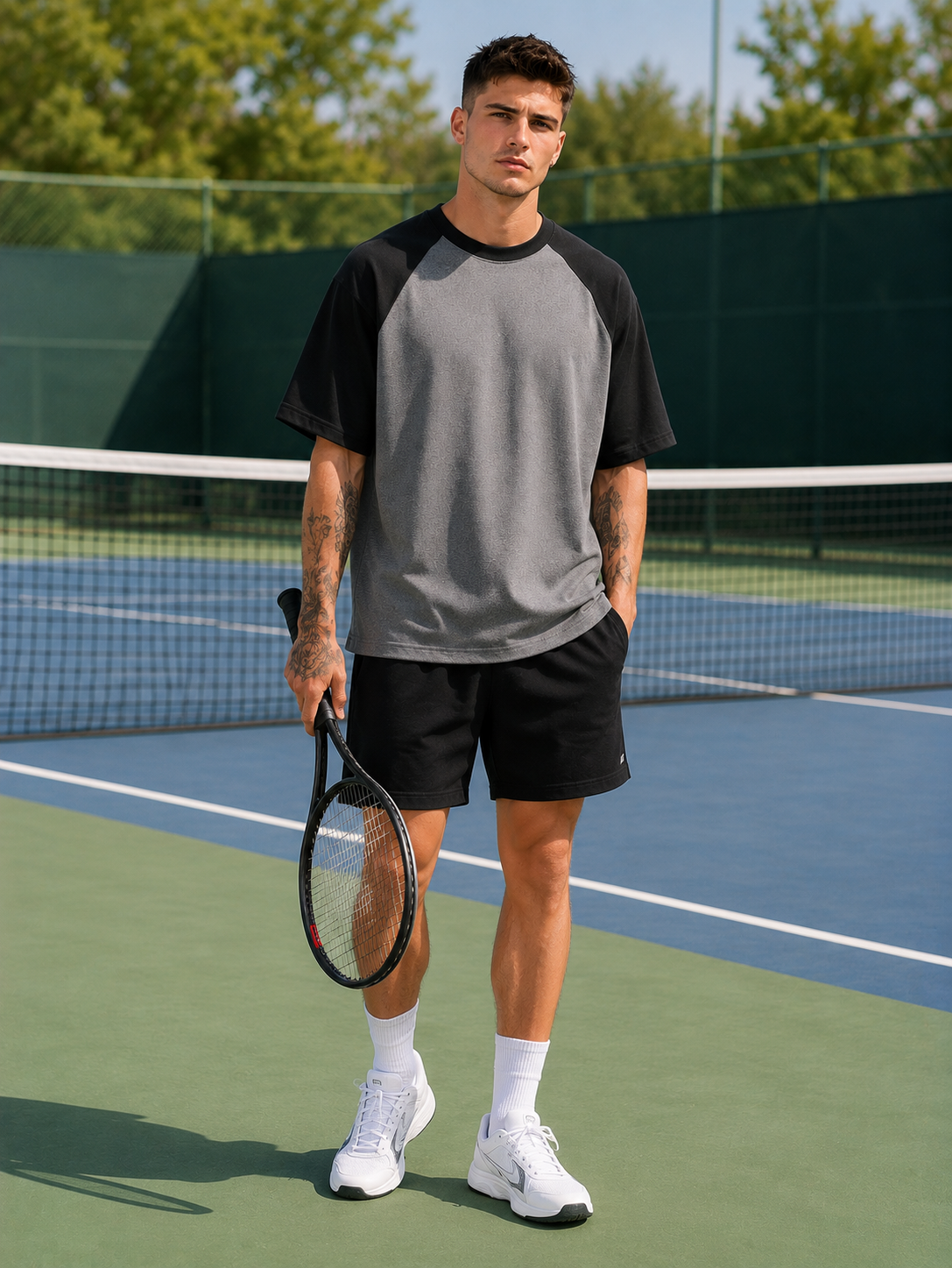 Men's Black Charcoal Melange Raglan Oversized T-shirt