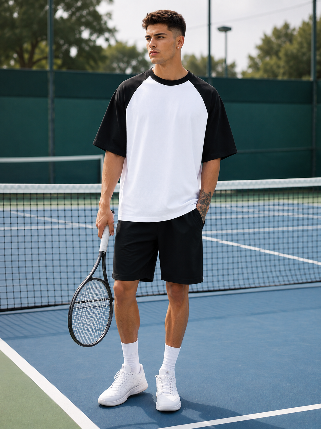 Men's Black White Raglan Oversized T-shirt