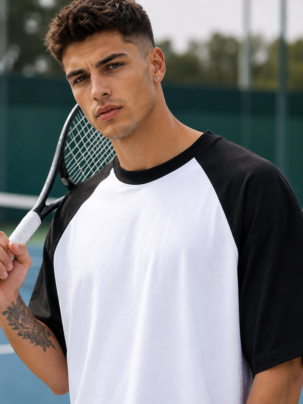 Men's Black White Raglan Oversized T-shirt