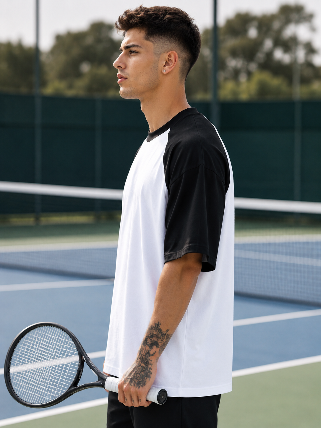 Men's Black White Raglan Oversized T-shirt