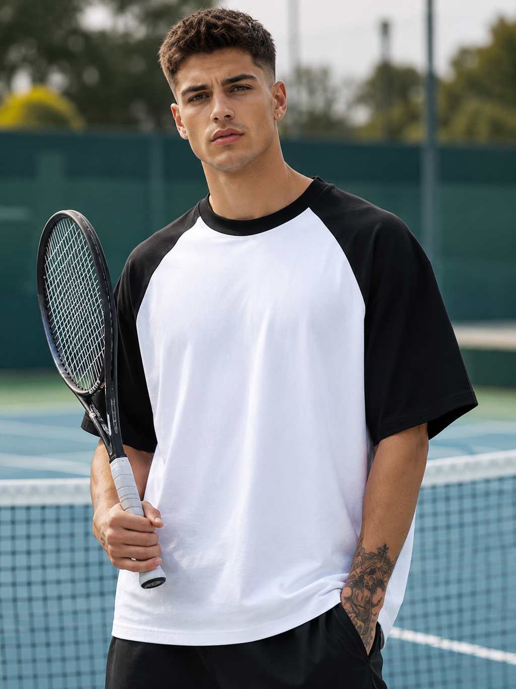 Men's Black White Raglan Oversized T-shirt