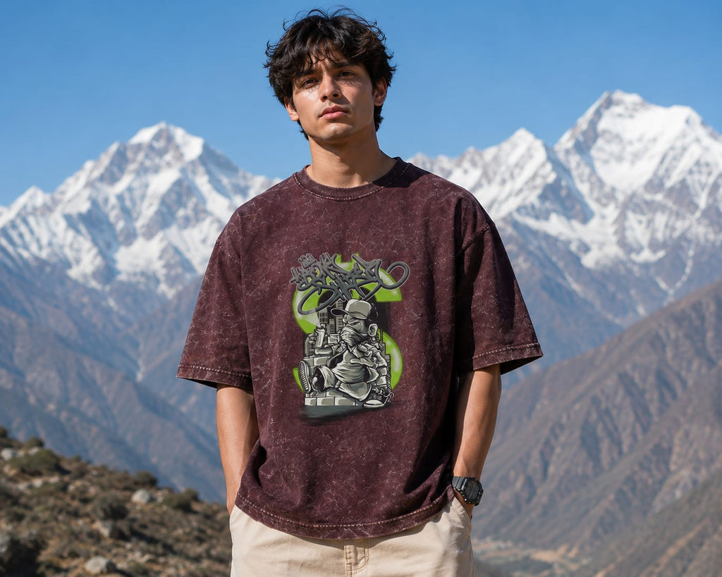 Men's Maroon Oversized Acid Wash T-shirt