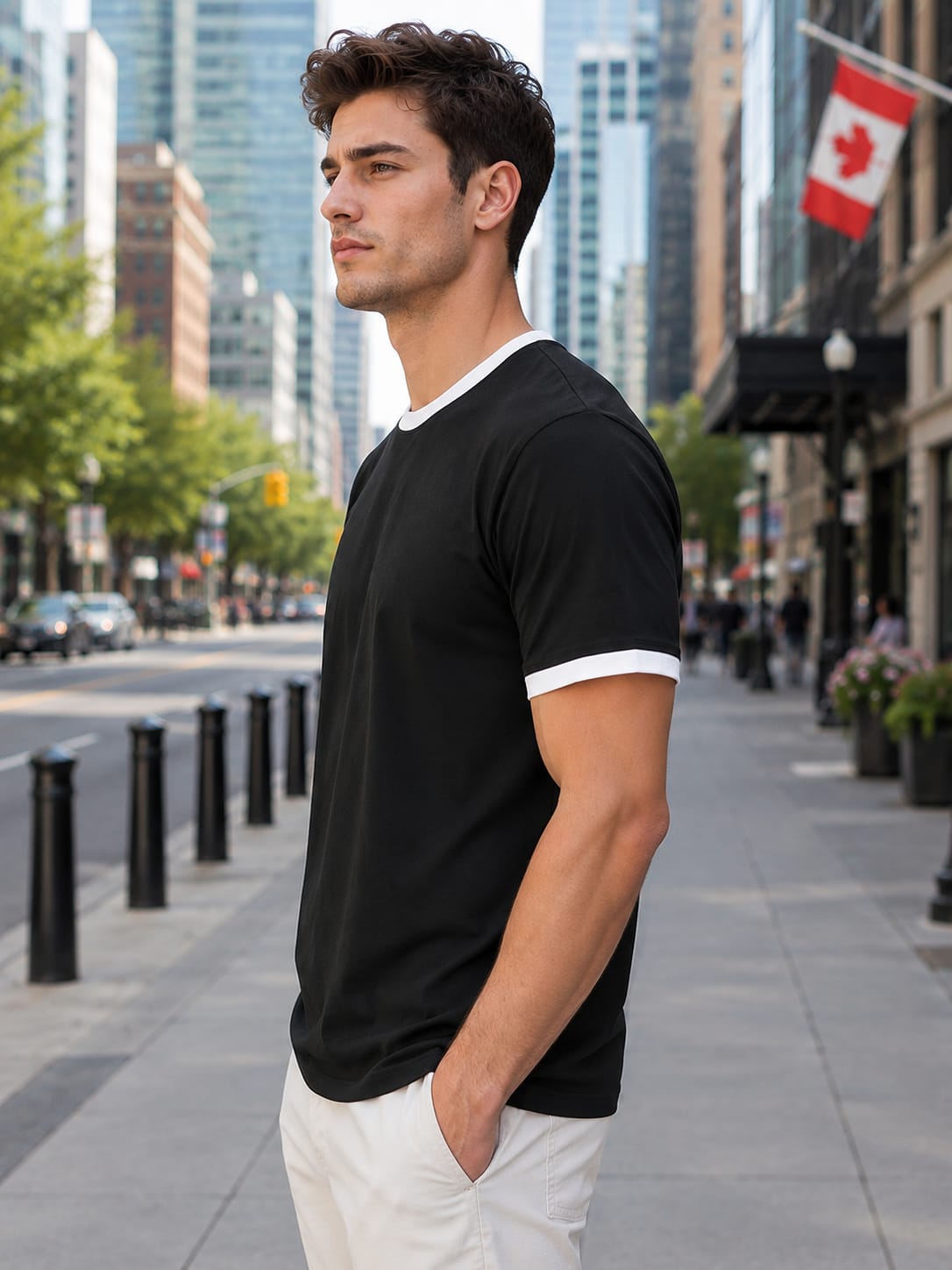 Men's White & Black Ringer T-Shirt.