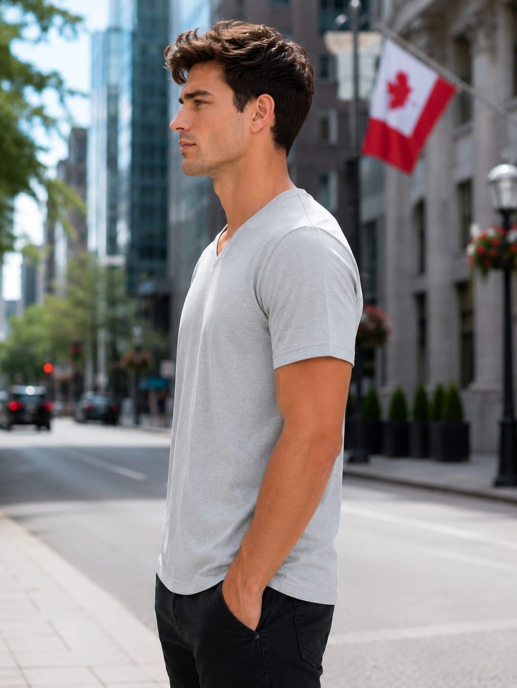 Men's Premium Grey Melange V Neck T-Shirt