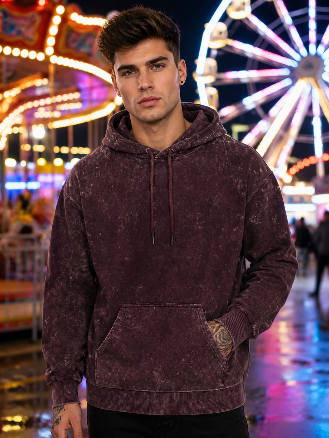 Men's Acid Washed Maroon Hoodie