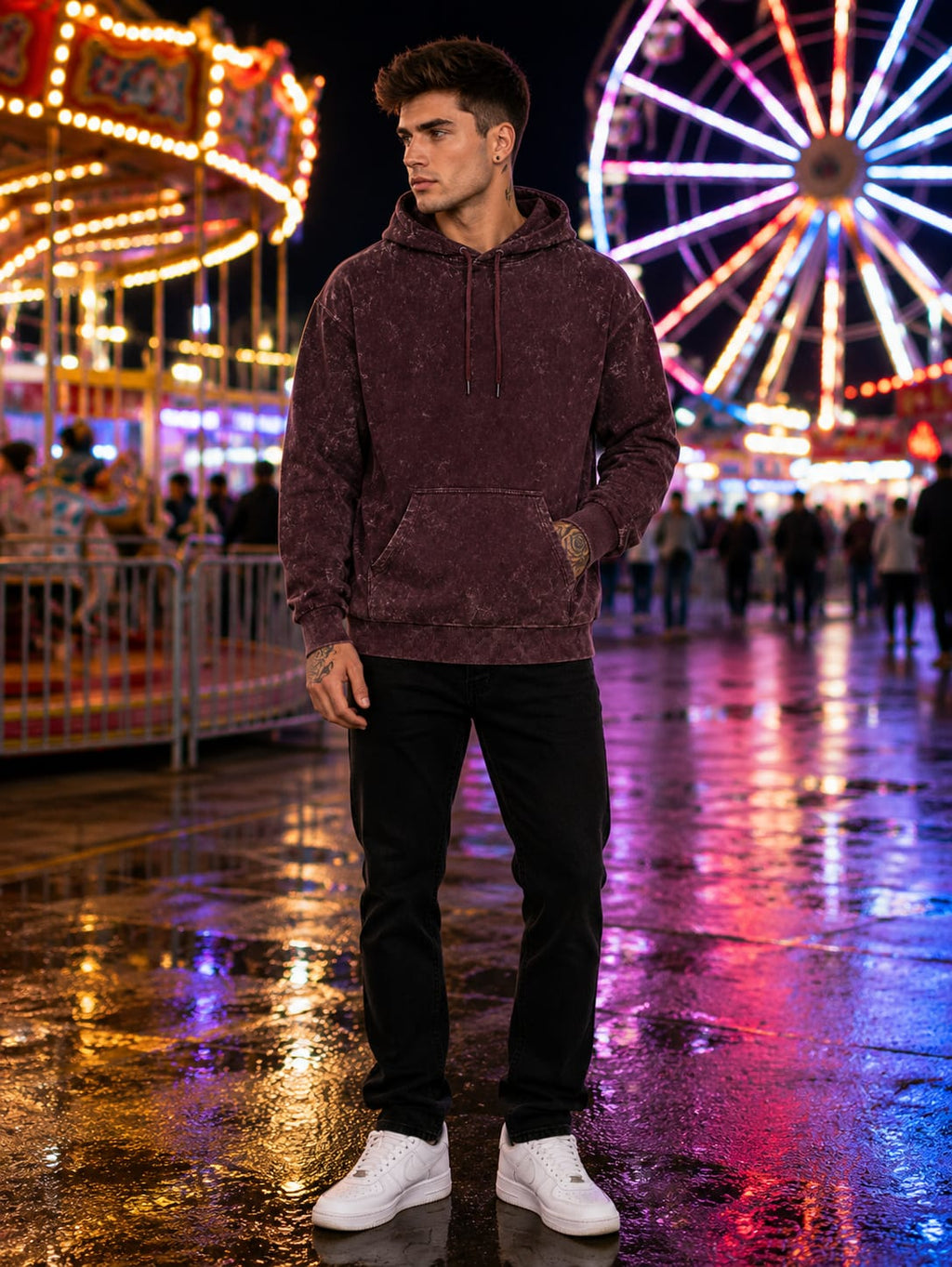 Men's Acid Washed Maroon Hoodie