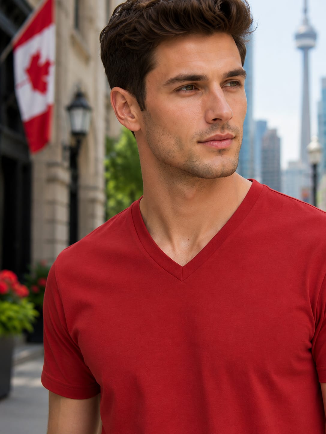 Men's Premium Red V-Neck T-Shirt.