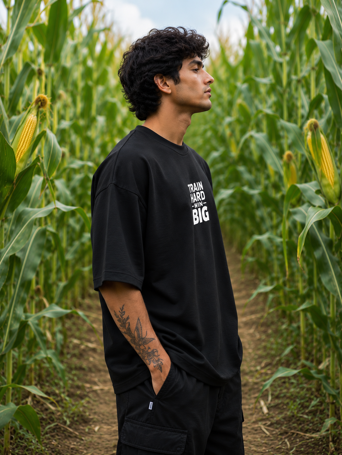 Men's Black THWB Typography Oversized T-shirt.