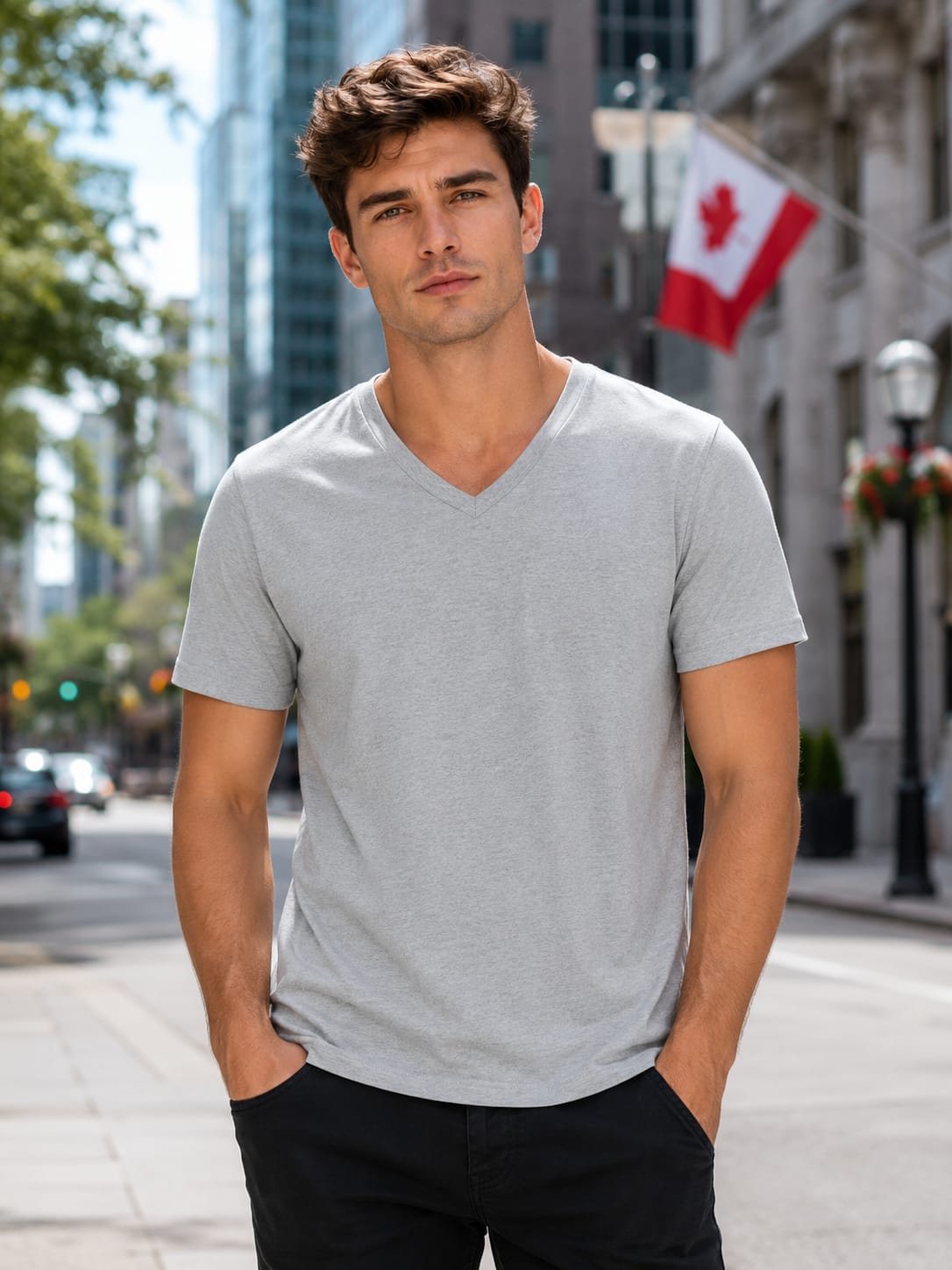 Men's Premium Grey Melange V Neck T-Shirt