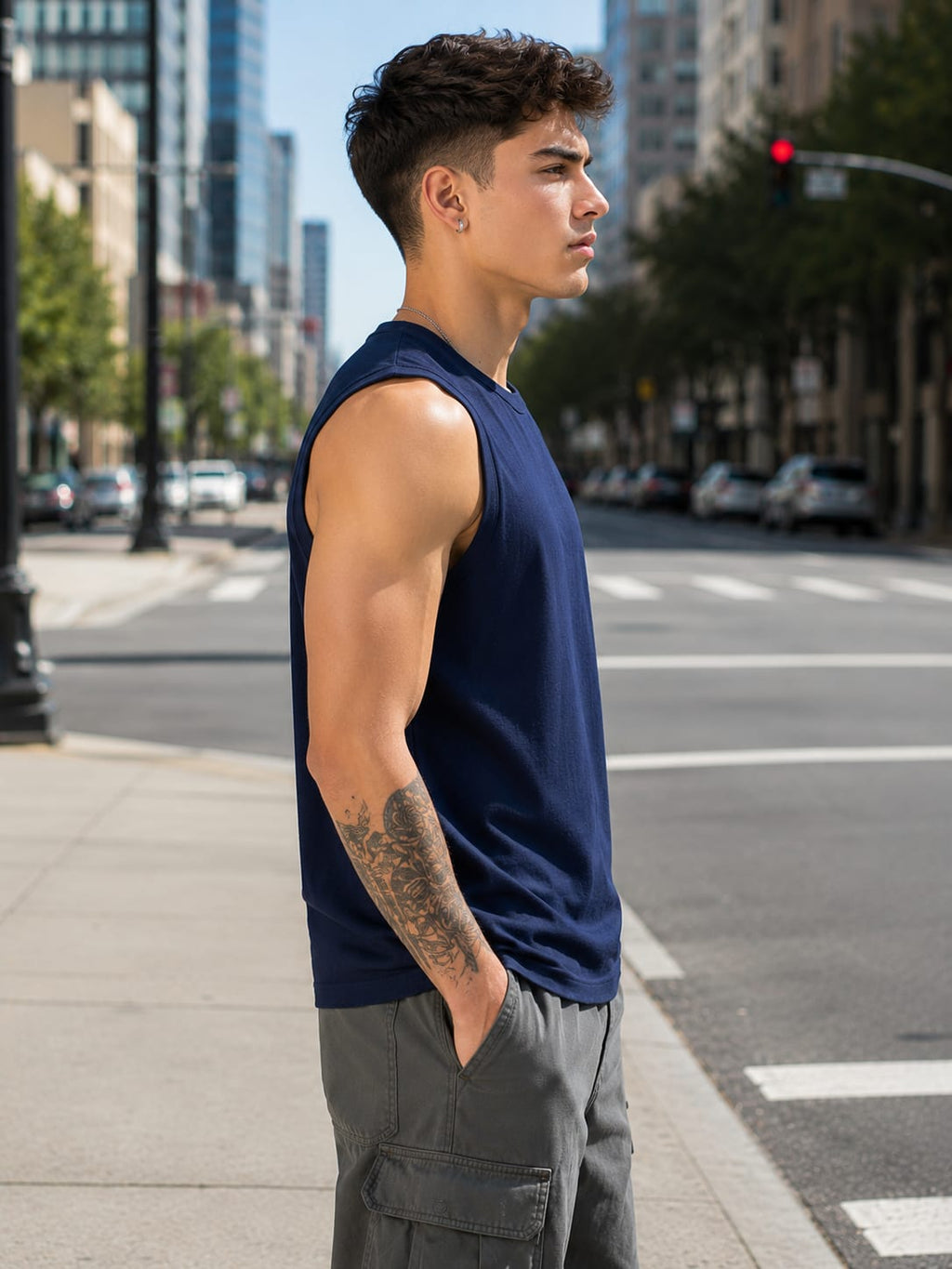Men's Premium Navy Blue Sleeveless T-Shirt