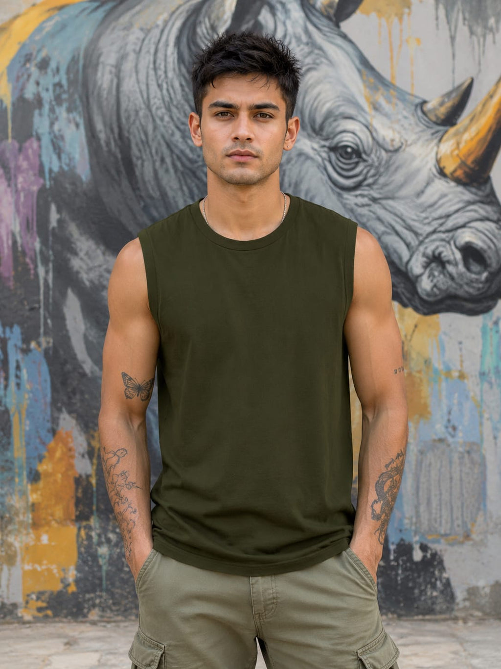 Men's Premium Olive Green Sleeveless T-Shirt