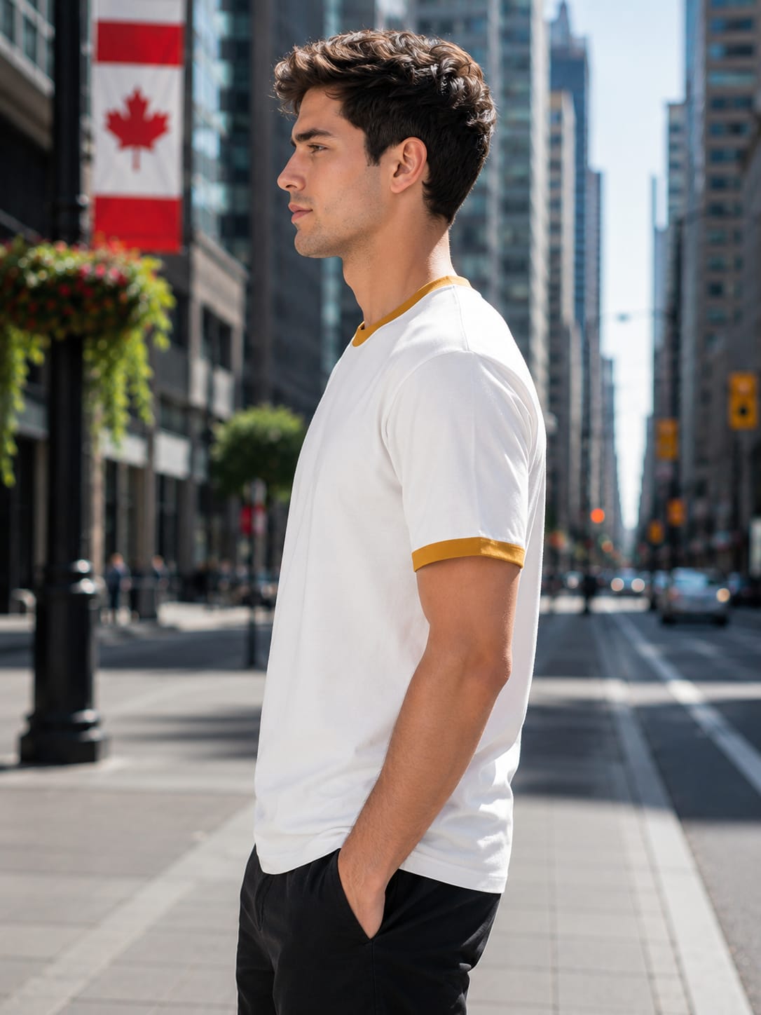 Men's Mustard Yellow & Off-White Ringer T-Shirt.