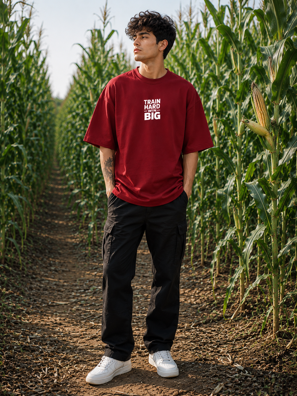 Men's Red THWB Typography Oversized T-shirt.