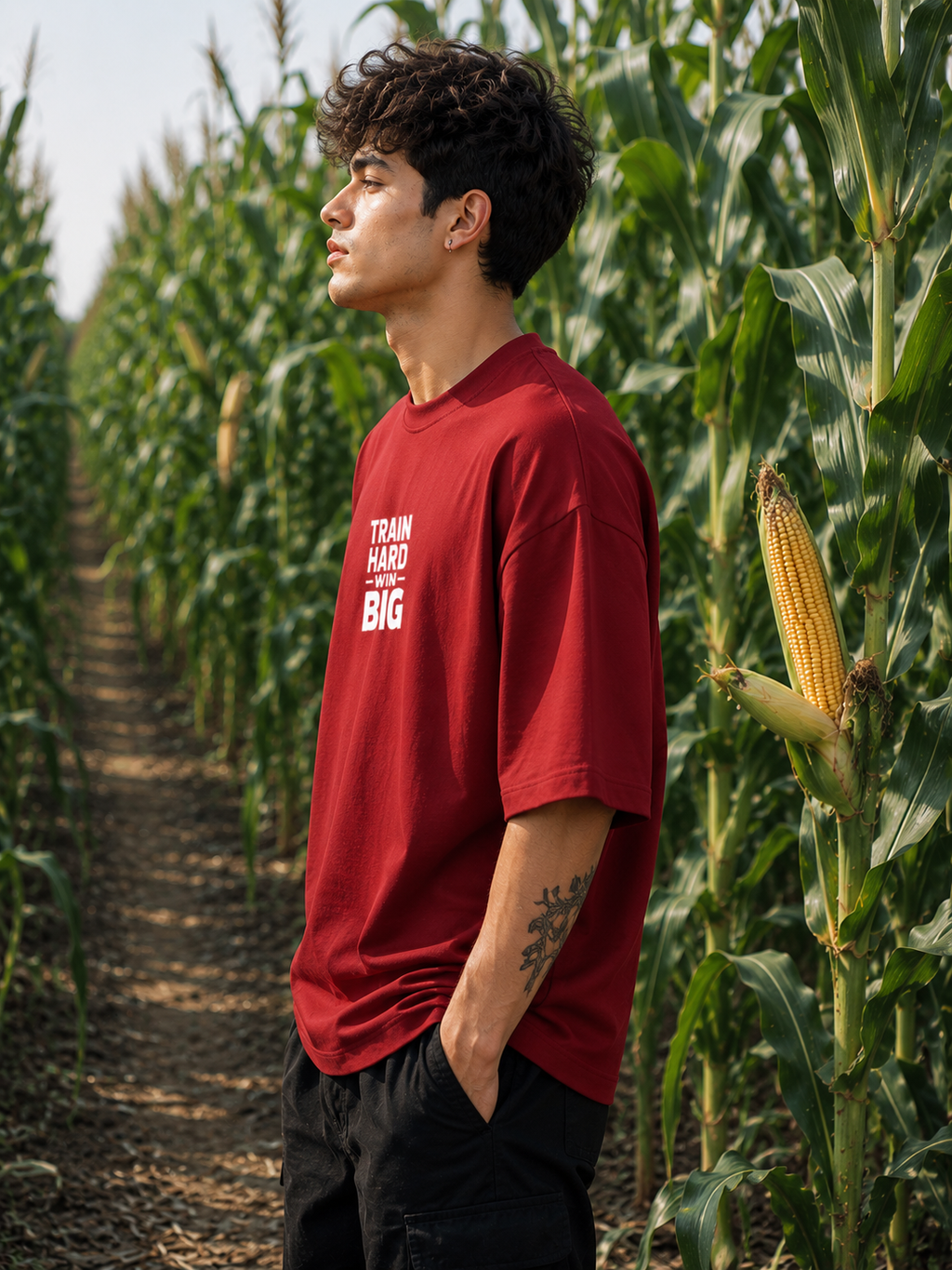 Men's Red THWB Typography Oversized T-shirt.