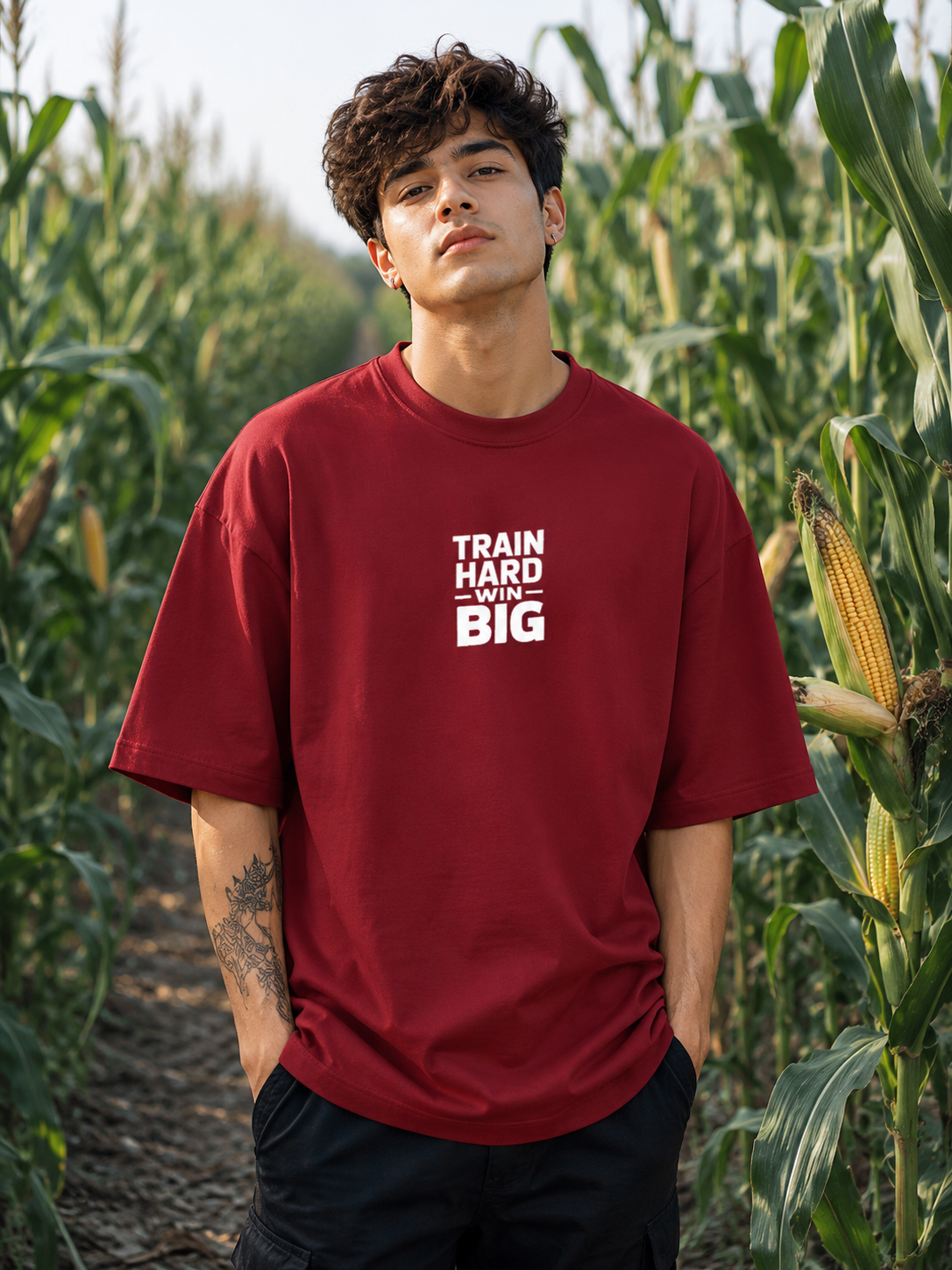 Men's Red THWB Typography Oversized T-shirt.