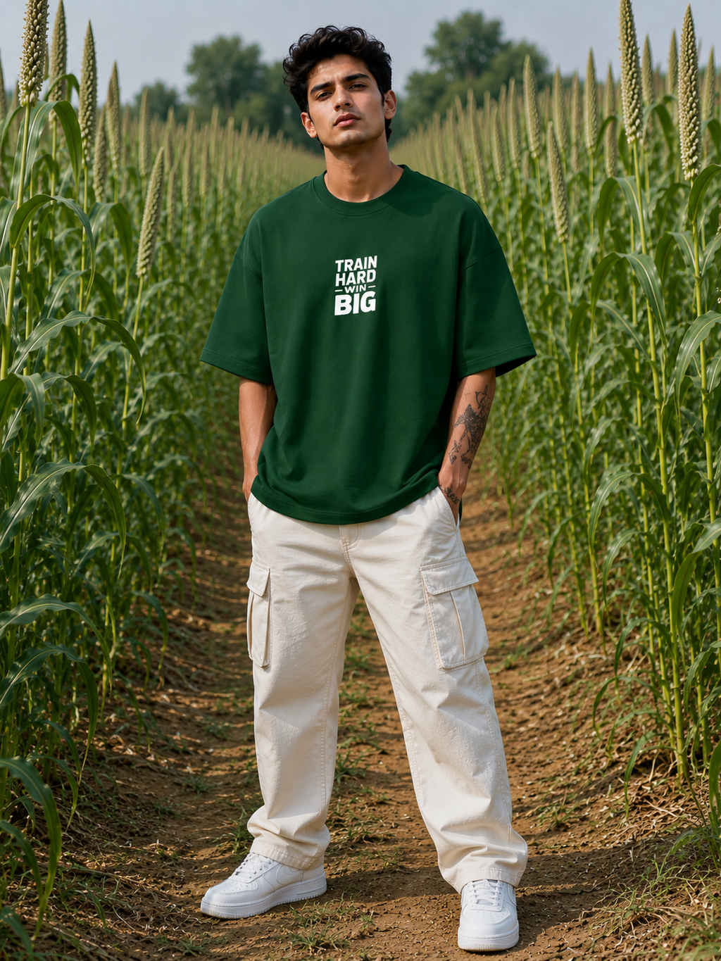 Men's Bottle Green THWB Typography Oversized T-shirt.