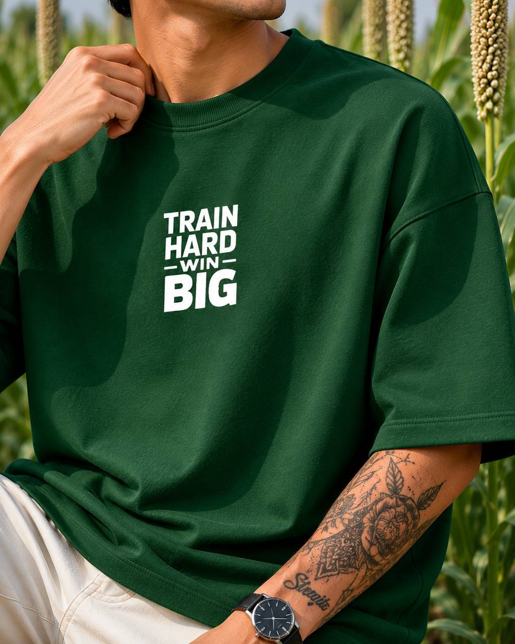 Men's Bottle Green THWB Typography Oversized T-shirt.