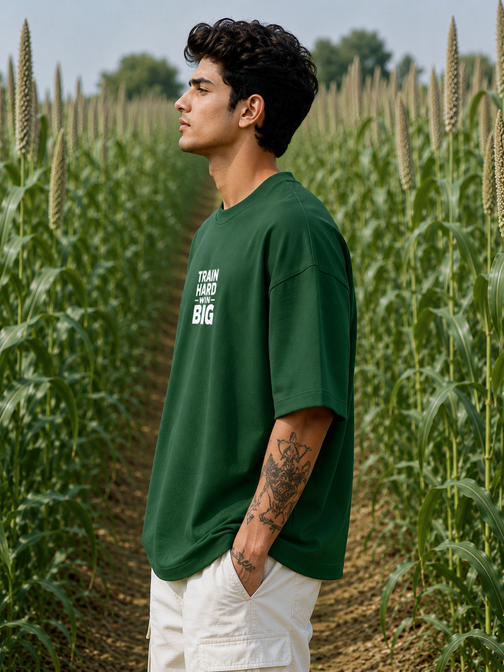 Men's Bottle Green THWB Typography Oversized T-shirt.