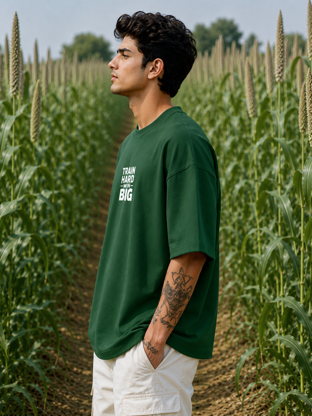 Men's Bottle Green THWB Typography Oversized T-shirt.