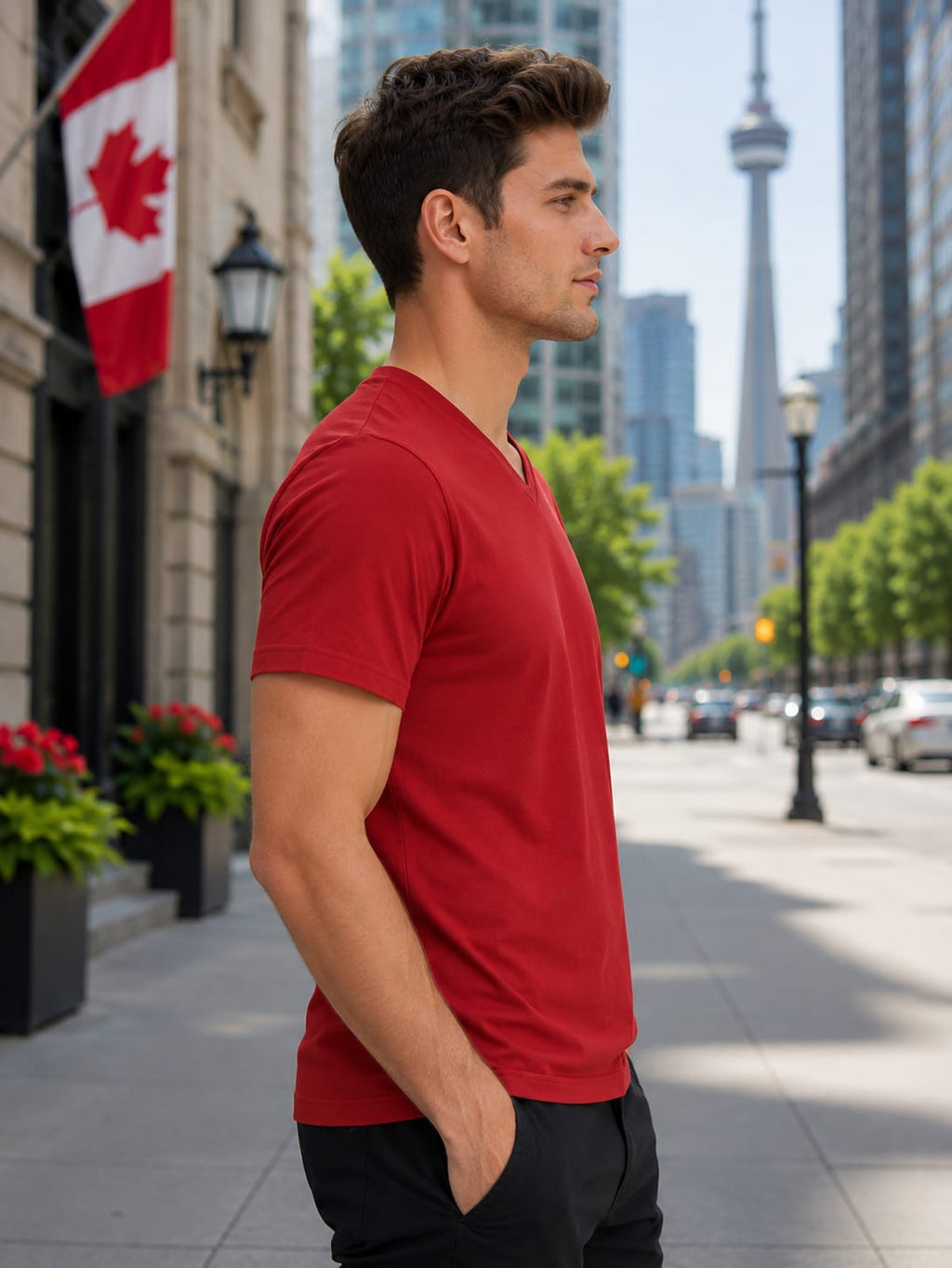 Men's Premium Red V-Neck T-Shirt.