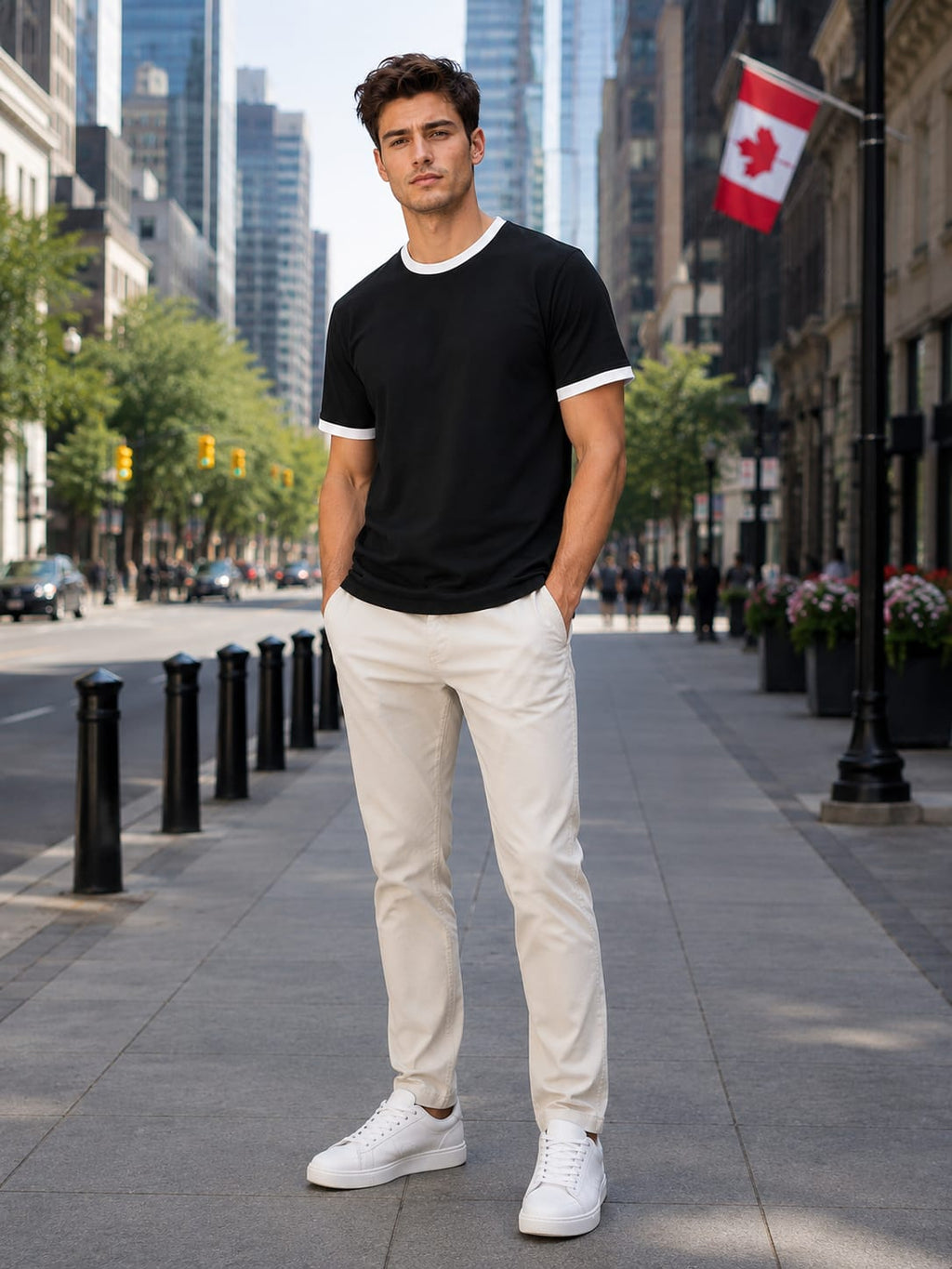 Men's White & Black Ringer T-Shirt.