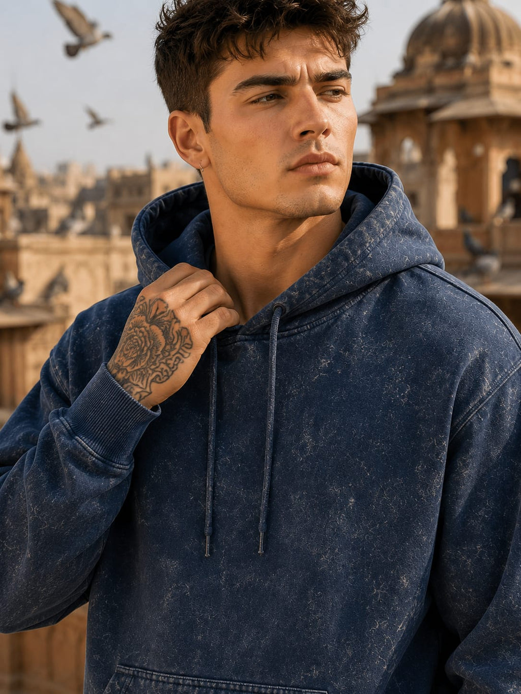 Men's Acid Washed Navy Blue Hoodie