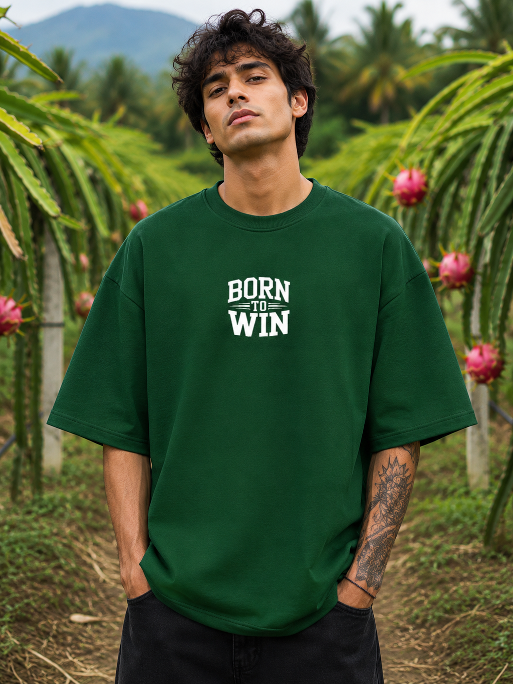 Men's Bottle Green BTW Typography Oversized T-shirt.