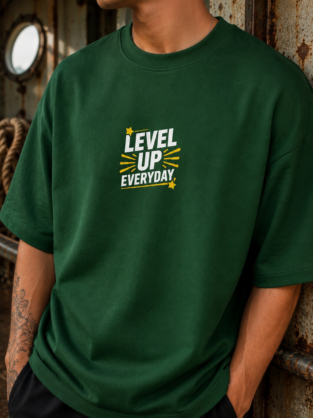 Men's Green LUE Typography Oversized T-Shirt.
